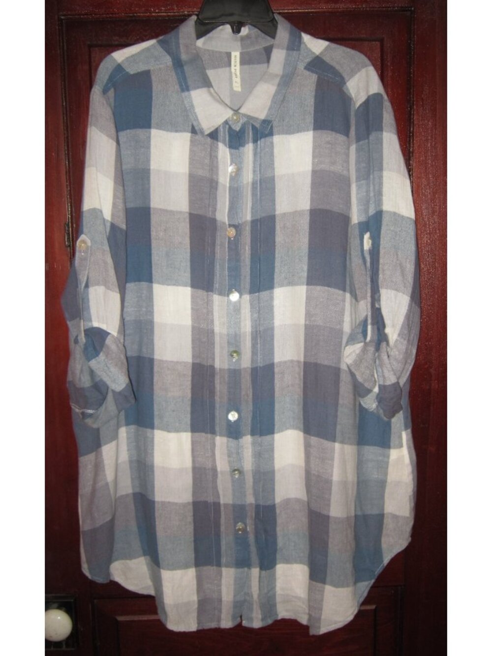 Match Point XL Shirt Dress Tunic Linen Cotton Plaid Check Button Roll Tab Sleeve